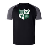 The Zionsville Rugby Club Elite Training Tee by WRS Canterbury features black and gray short sleeves, a club crest with "EST. 2003" on the chest, and breathable Vapodri fabric for superior comfort.