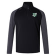 The Zionsville Rugby Club Elite First Layer by EMB Canterbury is a black long-sleeve quarter-zip pullover with dark gray sleeves, VapoDri tech for moisture control, and a green and white embroidered logo on the left chest.