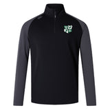 The Zionsville Rugby Club Elite First Layer by EMB Canterbury is a black long-sleeve quarter-zip pullover with dark gray sleeves, VapoDri tech for moisture control, and a green and white embroidered logo on the left chest.