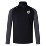 The Zionsville Rugby Club Elite First Layer by EMB Canterbury is a black long-sleeve quarter-zip pullover with dark gray sleeves, VapoDri tech for moisture control, and a green and white embroidered logo on the left chest.