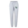 The Zionsville Rugby Club Women's Leisure Sweatpant by EMB Canterbury features a light gray organic cotton design, drawstring waist, green and white crest on the left thigh, and a white emblem on the right—ideal for rugby fans or casual wear.