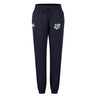 The Zionsville Rugby Club Women's Leisure Sweatpant by EMB Canterbury features a navy blue color, drawstring waist, white logo on the left thigh, and a green and white crest on the right thigh. Part of the Canterbury rugby apparel collection.