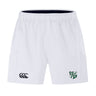 The Zionsville Rugby Club Advantage Short 2.0 by EMB Canterbury features an elastic waistband, black Canterbury logo (left leg), green and white crest (right leg), and is made from recycled content for sustainable performance.