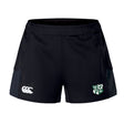 The Zionsville Rugby Club Women's Advantage Short 2.0 by EMB Canterbury features a white logo on the left leg and a green, white, and black shield emblem on the right—sustainable athletic shorts for women seeking style and performance.