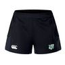 The Zionsville Rugby Club Women's Advantage Short 2.0 by EMB Canterbury features a white logo on the left leg and a green, white, and black shield emblem on the right—sustainable athletic shorts for women seeking style and performance.