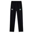 The EMB Canterbury Zionsville Rugby Club Stretch Tapered Pant features black quick-dry fabric, an elastic waistband, and two embroidered logos on the front thigh—ideal for men's workouts and sport.