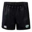 The Zionsville Rugby Club Advantage Rugby Shorts by EMB Canterbury feature an elastic waistband, CCC logo on the left leg, green club emblem on the right, and are made from moisture-wicking fabric for comfort on and off the field.
