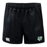 The Zionsville Rugby Club Advantage Rugby Shorts by EMB Canterbury feature an elastic waistband, CCC logo on the left leg, green club emblem on the right, and are made from moisture-wicking fabric for comfort on and off the field.