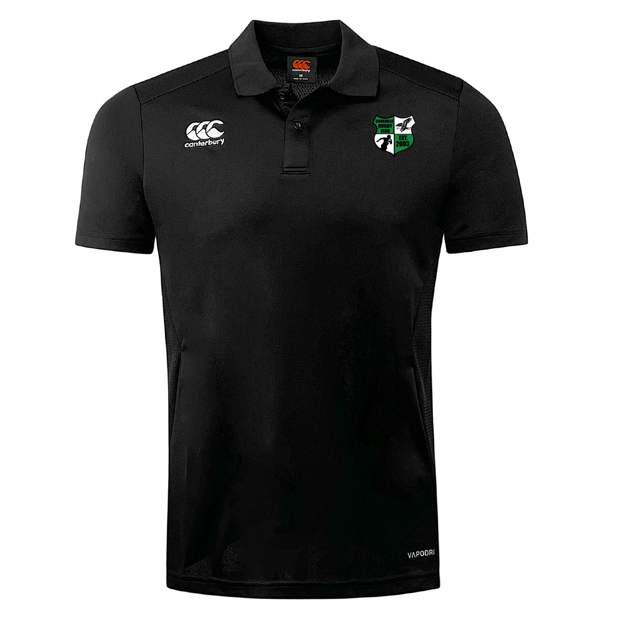 The black Zionsville Rugby Club Dry Polo by EMB Canterbury features a collar, logos on the chest and shoulder, and breathable Vapodri Technology to keep you cool and comfortable all day.