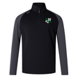 The Zionsville Rugby Women's Elite First Layer by Canterbury, from EMB Canterbury, is a black and dark gray long-sleeve pullover with a quarter zip. Made from honeycomb fabric with VapoDri technology, it features a crest logo on the left chest for added sophistication.