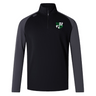 The Zionsville Rugby Women's Elite First Layer by Canterbury, from EMB Canterbury, is a black and dark gray long-sleeve pullover with a quarter zip. Made from honeycomb fabric with VapoDri technology, it features a crest logo on the left chest for added sophistication.