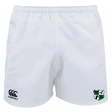 The Zionsville Rugby Player's Drill Short by EMB Canterbury boasts a shield and lion silhouette on the right leg and a Canterbury logo on the left, made from recycled fabric for sustainable athletic wear.