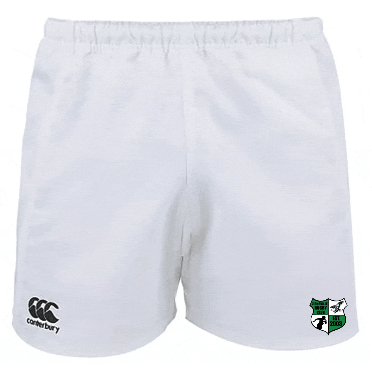 The Zionsville Rugby Player's Drill Short by EMB Canterbury boasts a shield and lion silhouette on the right leg and a Canterbury logo on the left, made from recycled fabric for sustainable athletic wear.