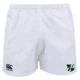 The Zionsville Rugby Player's Drill Short by EMB Canterbury boasts a shield and lion silhouette on the right leg and a Canterbury logo on the left, made from recycled fabric for sustainable athletic wear.