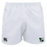 The Zionsville Rugby Player's Drill Short by EMB Canterbury boasts a shield and lion silhouette on the right leg and a Canterbury logo on the left, made from recycled fabric for sustainable athletic wear.
