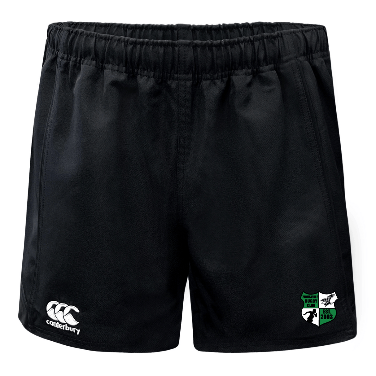 The Zionsville Rugby Player's Drill Short by EMB Canterbury features a Canterbury logo on the left leg and a green patch logo on the right leg, skillfully crafted from recycled fabric for eco-friendly athletic wear.