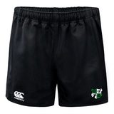 The Zionsville Rugby Player's Drill Short by EMB Canterbury features a Canterbury logo on the left leg and a green patch logo on the right leg, skillfully crafted from recycled fabric for eco-friendly athletic wear.