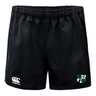 The Zionsville Rugby Player's Drill Short by EMB Canterbury features a Canterbury logo on the left leg and a green patch logo on the right leg, skillfully crafted from recycled fabric for eco-friendly athletic wear.