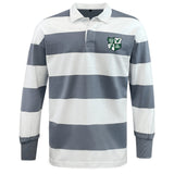 The Zionsville Rugby Club Classic Long Sleeve Hooped Rugby Jersey by EMB Mudoo features bold grey and white stripes, a white collar, button placket, and a green and white crest logo—a timeless rugby shirt style.