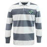 The Zionsville Rugby Club Classic Long Sleeve Hooped Rugby Jersey by EMB Mudoo features bold grey and white stripes, a white collar, button placket, and a green and white crest logo—a timeless rugby shirt style.
