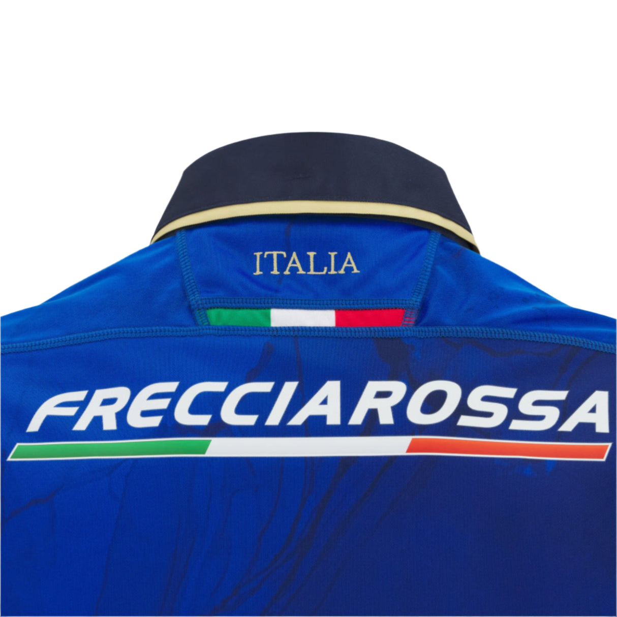 Back of the Italy 25/26 Replica Home Jersey by Macron: blue with "ITALIA" and a small flag on the collar, plus "FRECCIAROSSA" and green, white, and red stripes across the back—a classic rugby shirt from Macron.