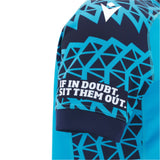 Close-up of the Macron Scotland 25/26 Sky Training Jersey sleeve, showing a blue geometric pattern and the text "IF IN DOUBT, SIT THEM OUT.