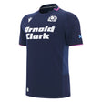 Macron Scotland SRU 25/26 Replica Home Jersey in navy blue with white "Arnold Clark" sponsor, thistle emblem, and pink accents—official home shirt.