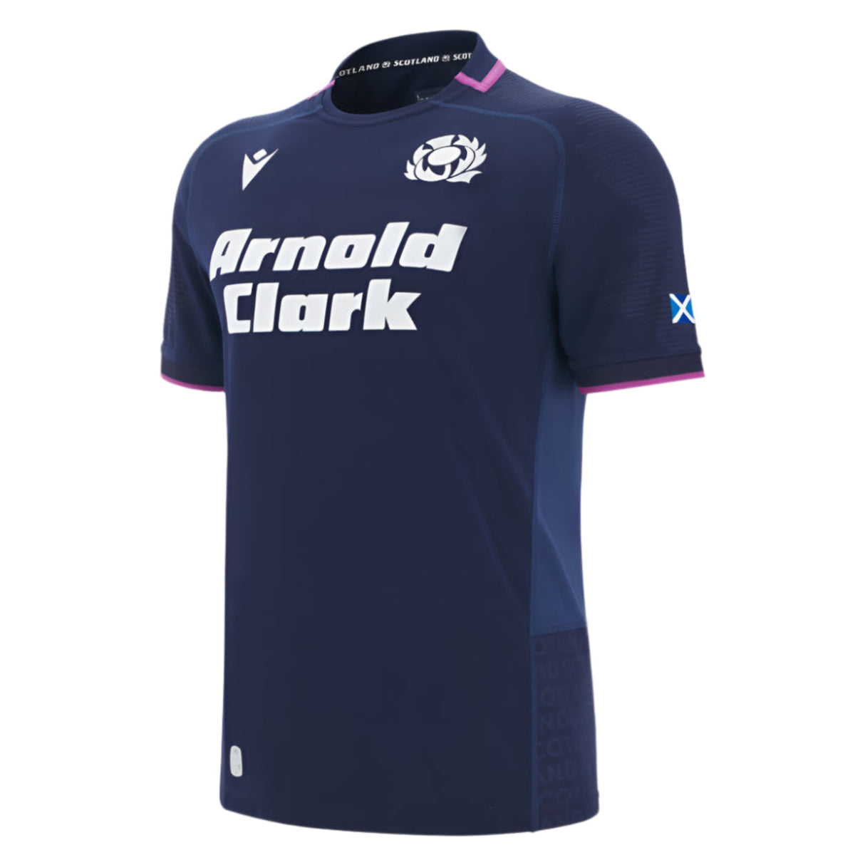 Macron Scotland SRU 25/26 Replica Home Jersey in navy blue with white "Arnold Clark" sponsor, thistle emblem, and pink accents—official home shirt.