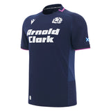 Macron Scotland SRU 25/26 Replica Home Jersey in navy blue with white "Arnold Clark" sponsor, thistle emblem, and pink accents—official home shirt.