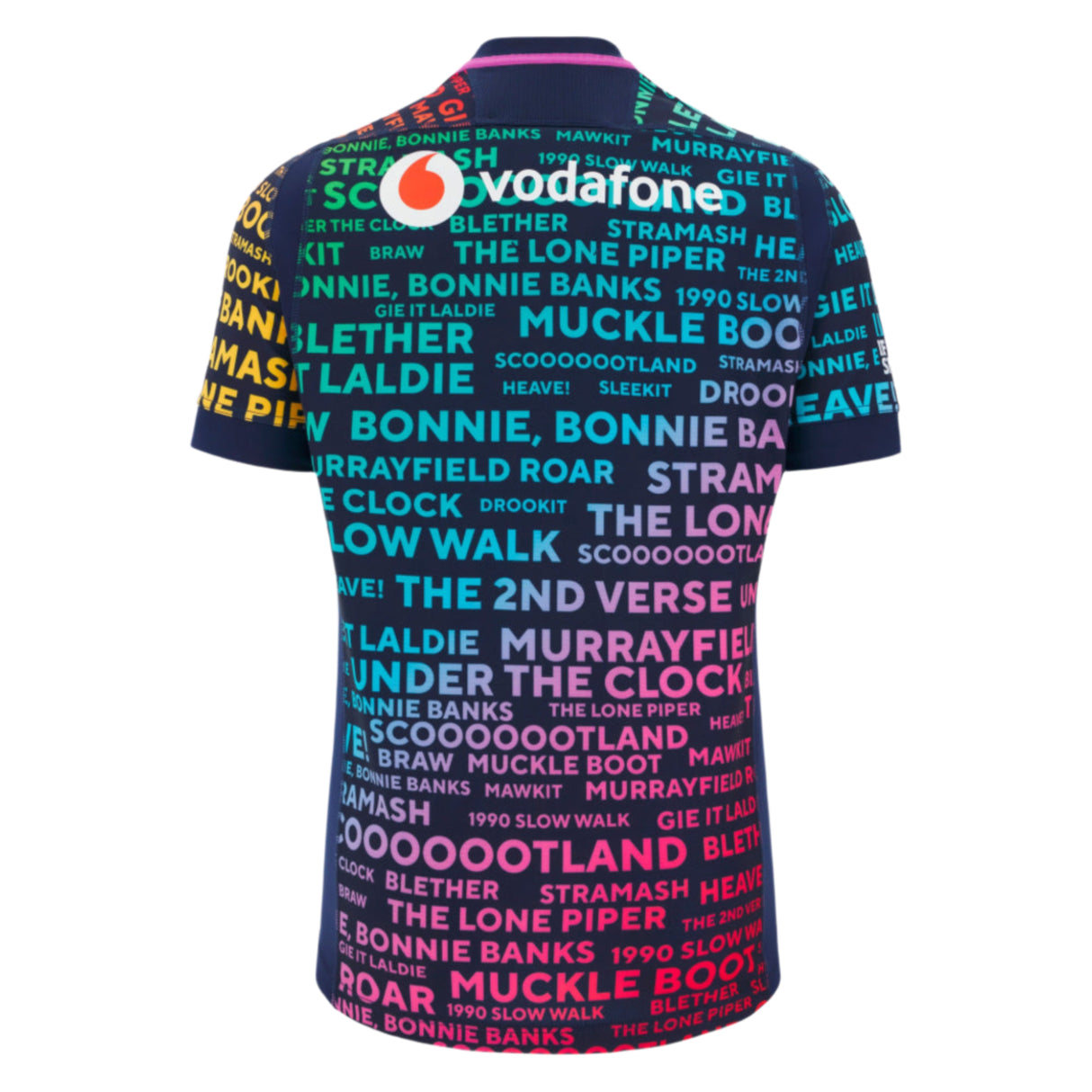 The Scotland 25/26 Rainbow Training Jersey by Macron features a multicolored design with various Scottish-themed words and phrases printed across the back.