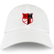 The Amoskeag Rugby Club Adult Low-Profile Cotton Twill Dad Cap by EMB S&S Activewear features a white cotton twill design with an embroidered red and black shield crest and "AMOSKEAG Est. 1984" on the front.