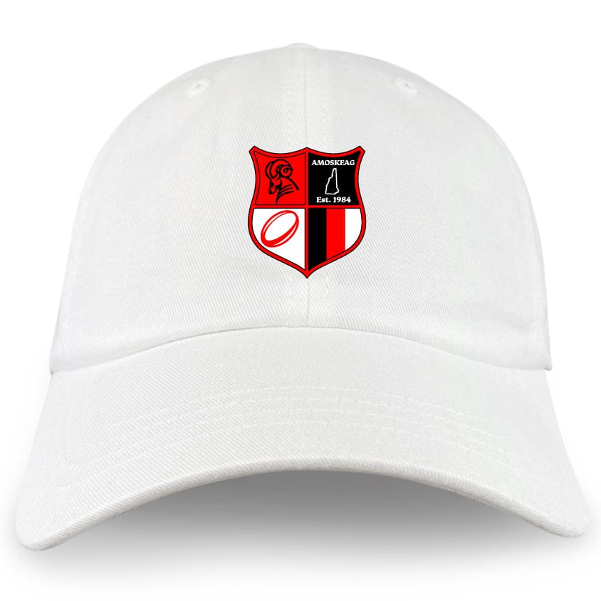 The Amoskeag Rugby Club Adult Low-Profile Cotton Twill Dad Cap by EMB S&S Activewear features a white cotton twill design with an embroidered red and black shield crest and "AMOSKEAG Est. 1984" on the front.