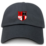 The Amoskeag Rugby Club Adult Low-Profile Cotton Twill Dad Cap by EMB S&S Activewear is a black cap featuring an embroidered red and black shield logo with "AMOSKEAG" and "Est. 1984" on the front.