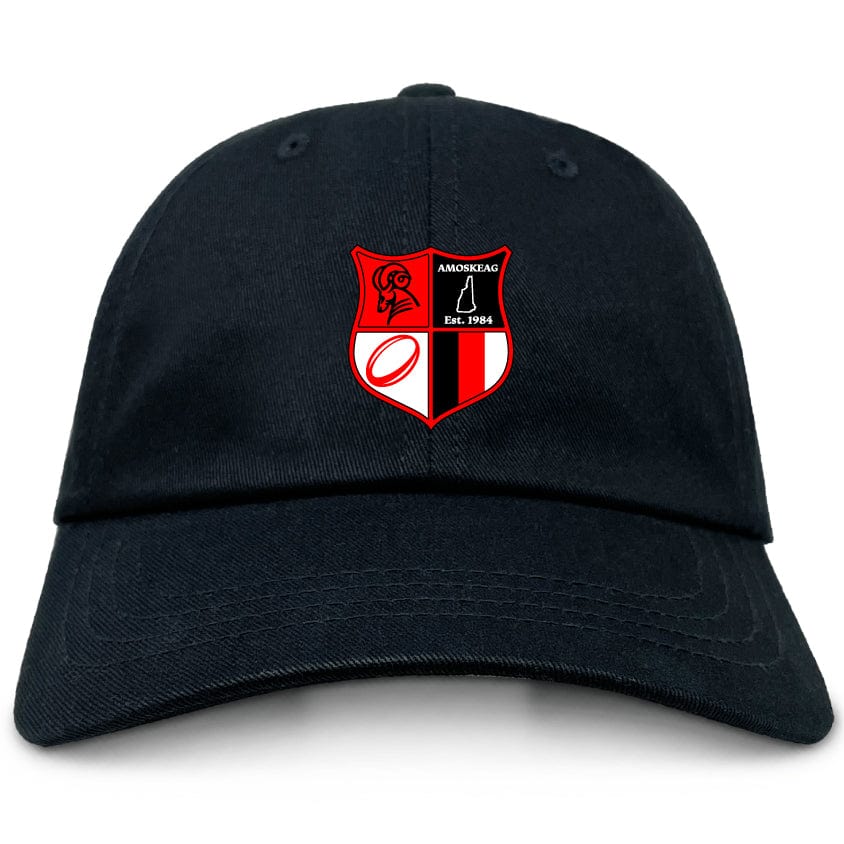 The Amoskeag Rugby Club Adult Low-Profile Cotton Twill Dad Cap by EMB S&S Activewear is black with a red and black shield emblem featuring sports symbols and "AMOSKEAG Est. 1984" embroidered on the front.