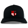The Amoskeag Rugby Club Retro Trucker Cap by EMB S&S Activewear features a black and white design with a red and black crest—lion, rugby ball, sailboat, "Est. 1966"—on the front and an adjustable snapback closure for the perfect fit.