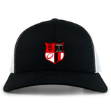The Amoskeag Rugby Club Retro Trucker Cap by EMB S&S Activewear features a black and white design with a red and black crest—lion, rugby ball, sailboat, "Est. 1966"—on the front and an adjustable snapback closure for the perfect fit.