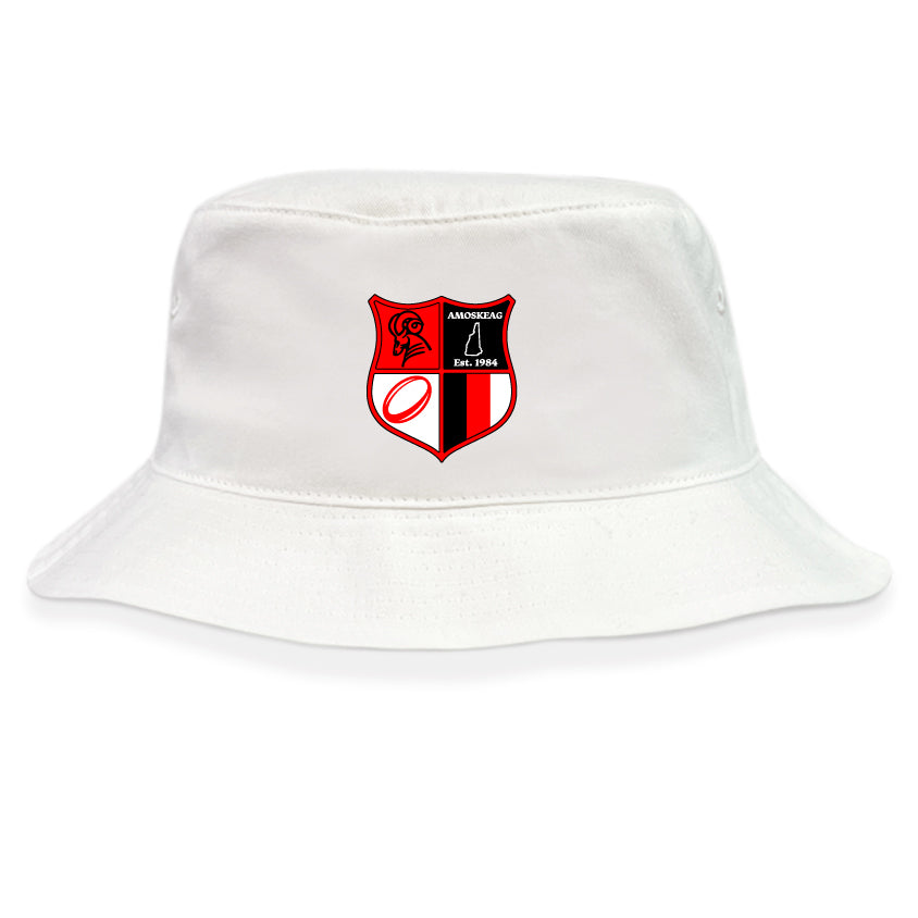 The Amoskeag Rugby Club Crusher Bucket Cap by EMB S&S Activewear is a white cotton twill hat featuring a red and black crest with a lion, flame, sports icons, and "Amodbury Est. 1966" on the front for classic style and sun protection.