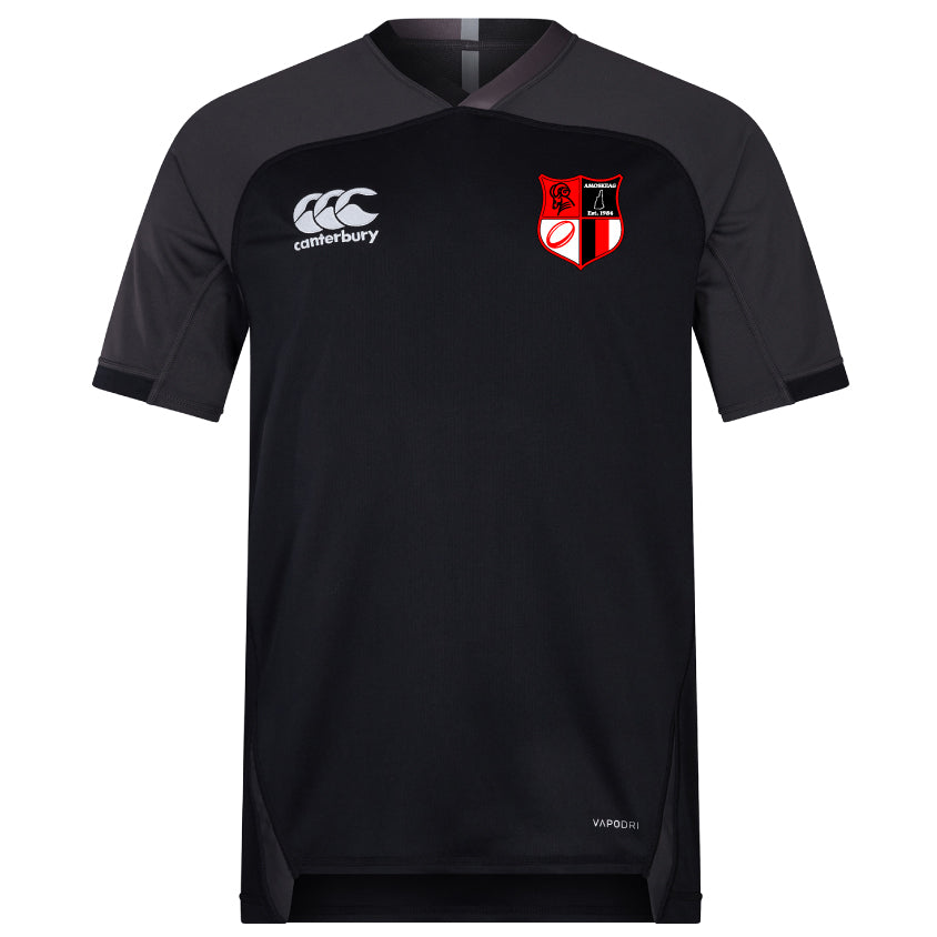 Introducing the Amoskeag Rugby Club Vapodri Evader Jersey by EMB Canterbury, a black jersey with gray sleeves, a Canterbury logo on the right, and a red and white shield crest on the left. It features VapoDri finish for moisture-wicking comfort during intense activities.