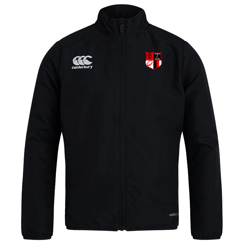 Lightweight Amoskeag Rugby Club Track Jacket by EMB Canterbury with a small logo on the left chest and a red, white, and black shield emblem on the right. Made from quick-drying fabric for all-day comfort.