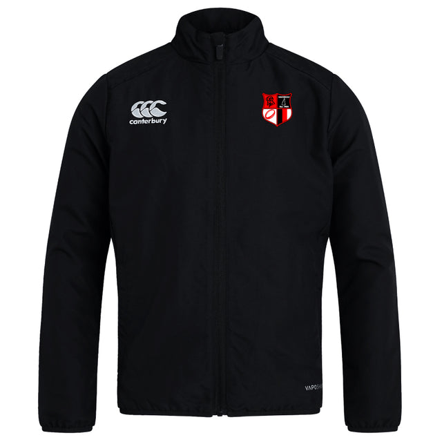 Lightweight Amoskeag Rugby Club Track Jacket by EMB Canterbury with a small logo on the left chest and a red, white, and black shield emblem on the right. Made from quick-drying fabric for all-day comfort.