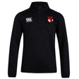 The Amoskeag Rugby Club 1/4 Zip Mid Layer by EMB Canterbury is a black polyester fleece pullover featuring the Canterbury logo on the left chest and a red-and-white shield emblem on the right, perfect for Rugby training or casual wear.