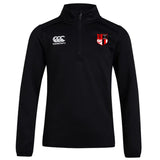 The Amoskeag Rugby Club 1/4 Zip Mid Layer by EMB Canterbury is a black polyester fleece pullover featuring the Canterbury logo on the left chest and a red-and-white shield emblem on the right, perfect for Rugby training or casual wear.