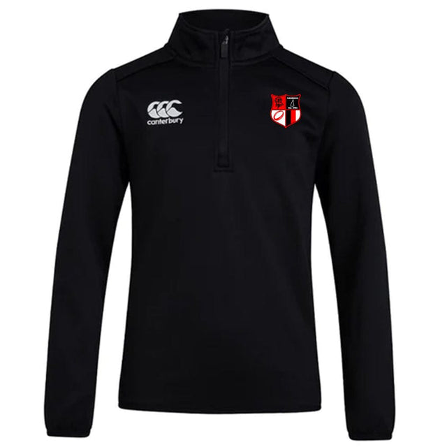 The Amoskeag Rugby Club 1/4 Zip Mid Layer by EMB Canterbury is a black polyester fleece pullover featuring the Canterbury logo on the left chest and a red-and-white shield emblem on the right, perfect for Rugby training or casual wear.