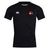 The Amoskeag Rugby Club Club Dry Tee by EMB Canterbury is a black sports shirt with a white logo on the right chest and a striking red, black, and white shield emblem on the left. Featuring CCC branding, it uses Vapodri Technology to enhance comfort during workouts.