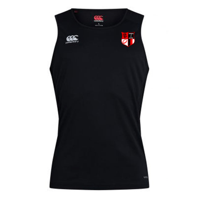 Stay at the top of your game with the Amoskeag Rugby Club Club Dry Singlet by EMB Canterbury. This black sleeveless sports top features Vapodri Technology for ultimate comfort and an iconic logo with a red shield and black and white accents. Ideal for athletic wear or as a stylish statement piece.
