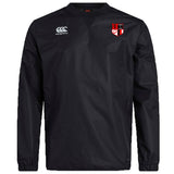 The Amoskeag Rugby Club Vaposhield Contact Top by EMB Canterbury is a black long-sleeve sporty jacket with a red and white logo on the right chest and a white logo on the left chest, made from durable Micro Diamond ripstop fabric with water-repellent Vaposhield technology.