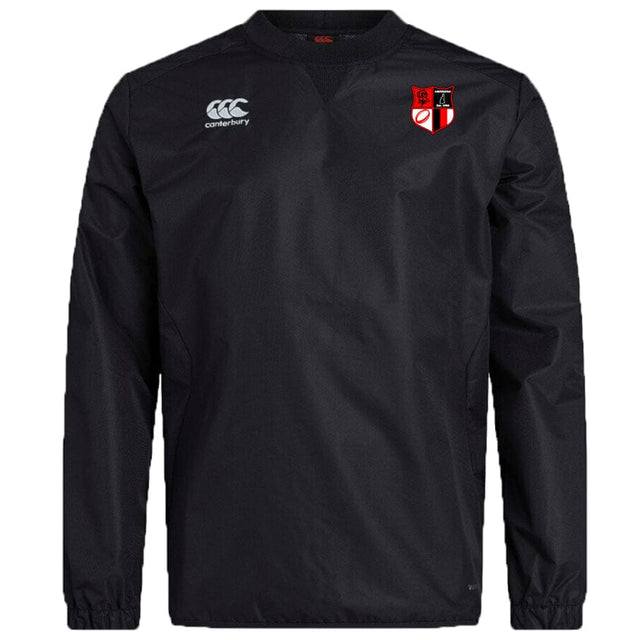 The Amoskeag Rugby Club Vaposhield Contact Top by EMB Canterbury is a black long-sleeve sporty jacket with a red and white logo on the right chest and a white logo on the left chest, made from durable Micro Diamond ripstop fabric with water-repellent Vaposhield technology.