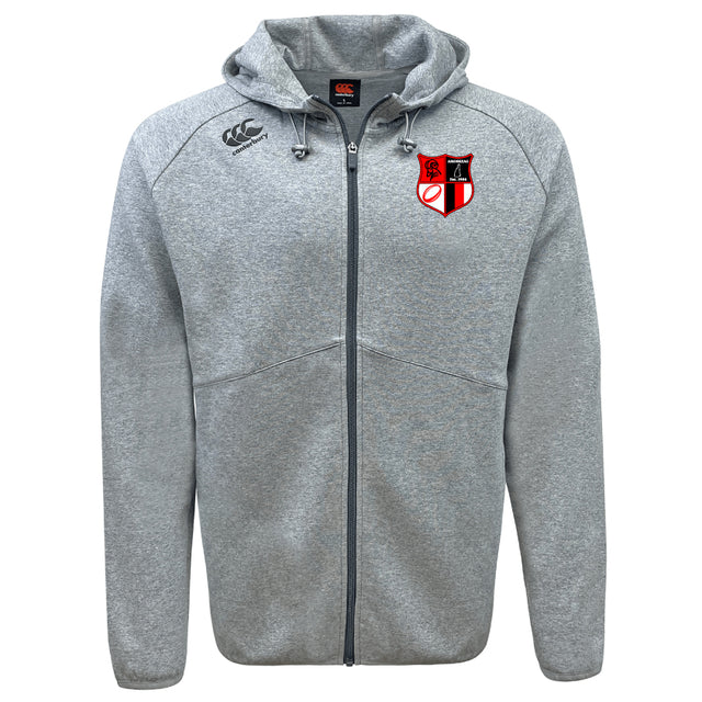 The Amoskeag Rugby Club Tempo Vapodri Full-Zip Hoodie by EMB Canterbury offers moisture-wicking comfort with its VapoDri tech. This gray hoodie features a hood, drawstrings, and a red and black shield logo on the left chest.