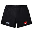 The Amoskeag Rugby Club Women's Yokohama Short by EMB Canterbury are black athletic shorts with a white Canterbury logo on the left leg and a red and white team crest on the right leg. Made with Vapodri Fabric, they offer comfort and performance, ideal for women's rugby.