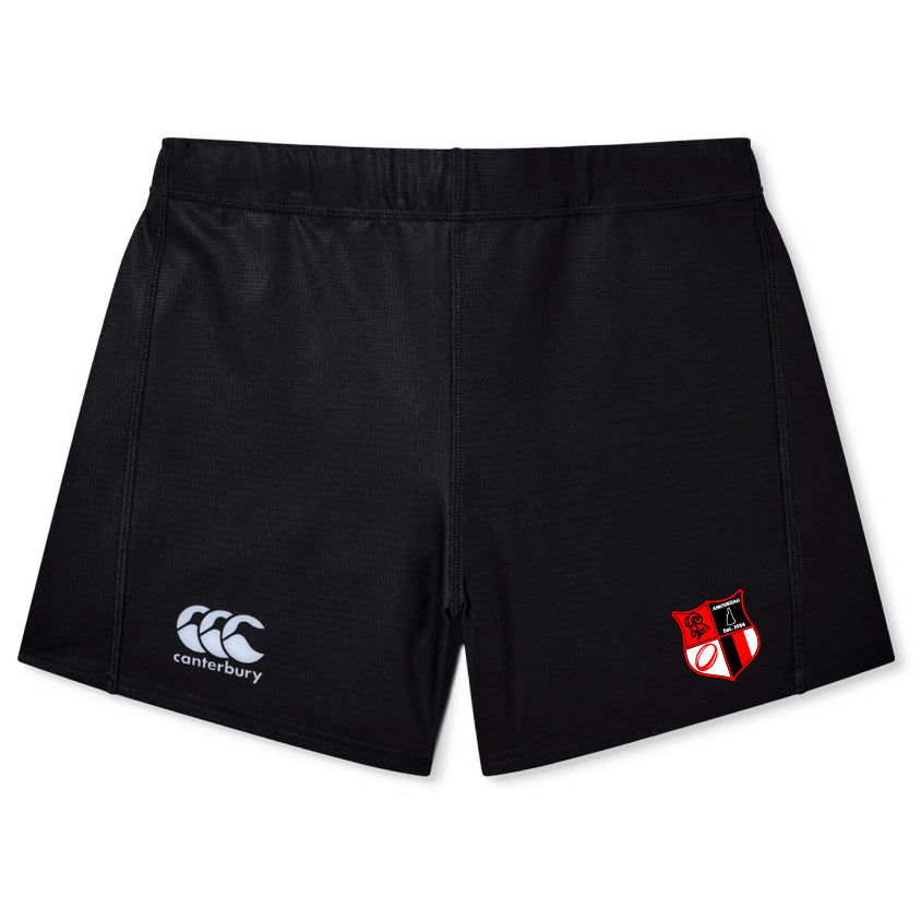 The Amoskeag Rugby Club Women's Yokohama Short by EMB Canterbury are black athletic shorts with a white Canterbury logo on the left leg and a red and white team crest on the right leg. Made with Vapodri Fabric, they offer comfort and performance, ideal for women's rugby.